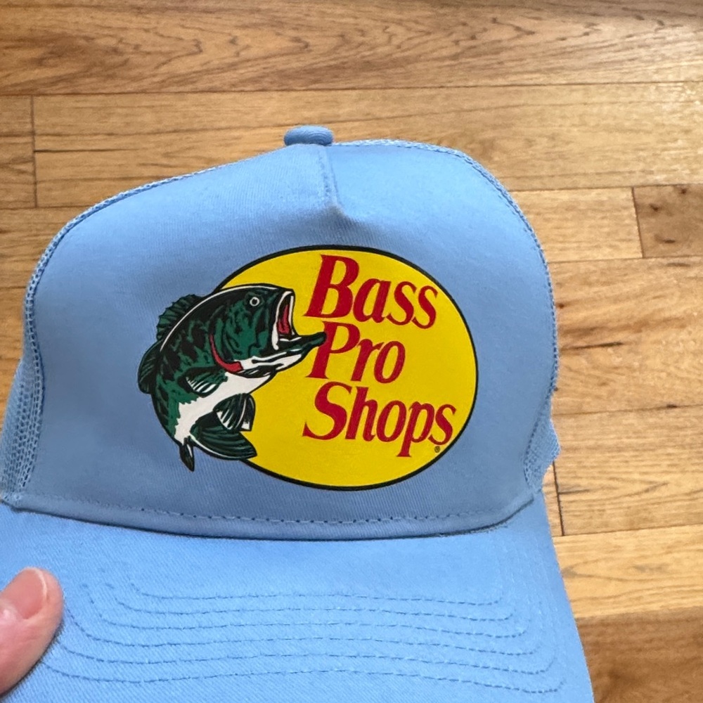 😊Bass Pro Shops Light Blue Cap with Yellow Logo and Green Fish Graphic